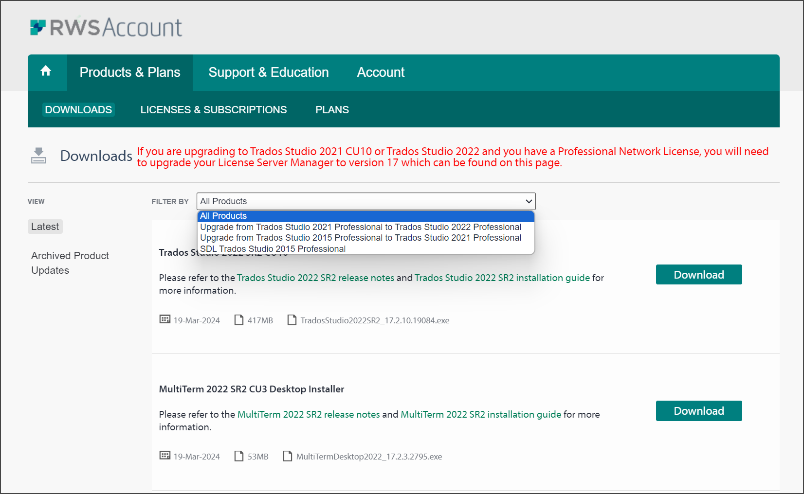 Screenshot of RWS Account Downloads page, showing a dropdown menu under 'FILTER BY' with options for different Trados Studio versions, but not 'Trados Studio 2024 Professional - Trial'. A highlighted message advises upgrading the License Server Manager for Trados Studio 2021 or 2022 with a Professional Network License.