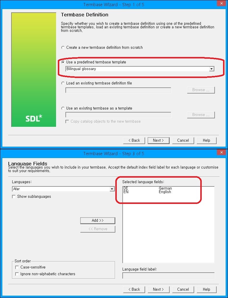 Screenshot of Trados Studio Termbase Wizard Step 1 of 5 showing 'Use a predefined termbase template' selected with 'Bilingual glossary' in the dropdown menu.