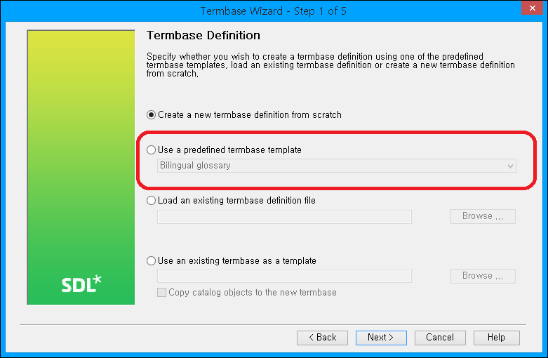 Trados Studio Termbase Wizard Step 1 of 5 showing options to create a new termbase definition with 'Use a predefined termbase template' selected and 'Bilingual glossary' chosen from the dropdown menu.