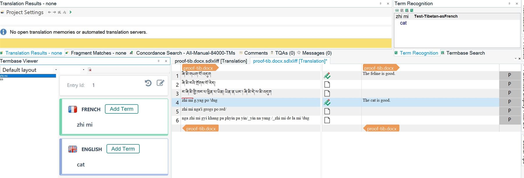 Screenshot of Trados Studio interface showing no translation results or automated translation servers. Termbase Viewer displays 'zhi mi' with 'Add Term' options for French and English.