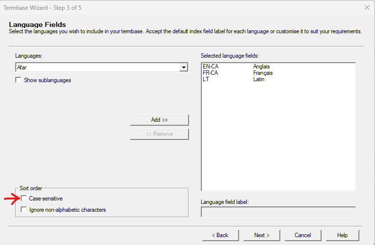 Screenshot of Trados Studio Termbase Wizard showing Language Fields step with case-sensitive sort order option checked.