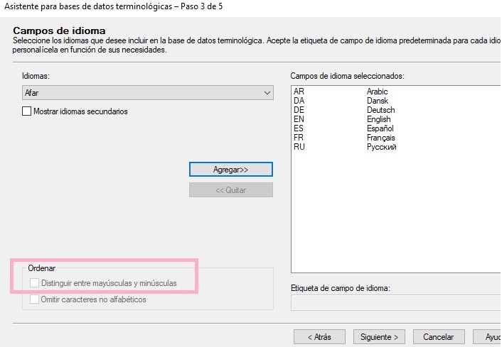 Screenshot of a settings window with an option 'Distinguish between uppercase and lowercase' highlighted, indicating case sensitivity in term recognition.