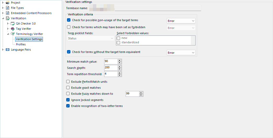 Trados Studio verification settings window showing options for term verification with checkboxes for non-usage of target terms, forbidden terms, and terms without target equivalent all set to error.