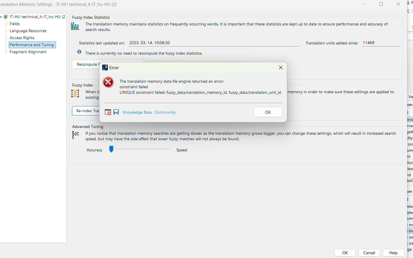 Trados Studio error message stating 'The translation memory data file engine returned an error: UNIQUE constraint failed: fuzzy_data.translation_memory_id, fuzzy_data.translation_unit_id'.