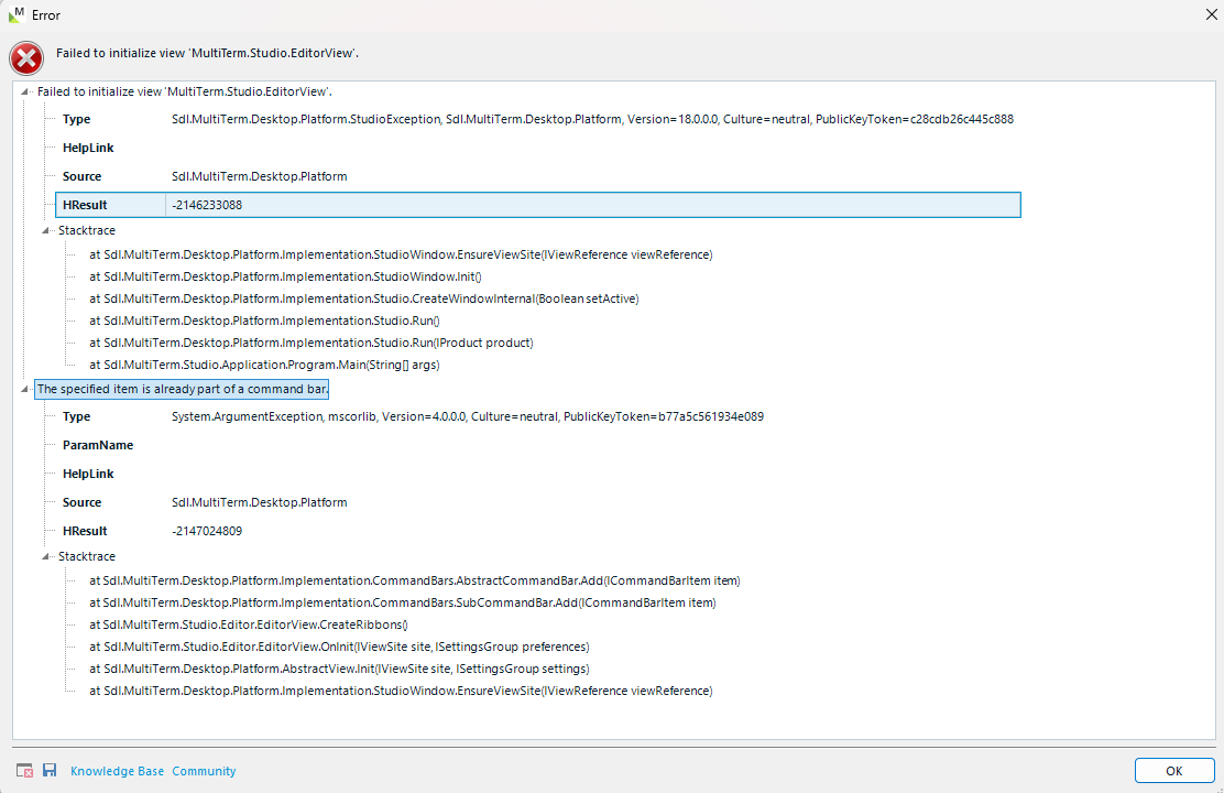 Error window showing 'Failed to initialize view MultiTerm.Studio.EditorView' with details including HRESULT -2146233088 and stack trace. Message: 'The specified item is already part of a command bar.'