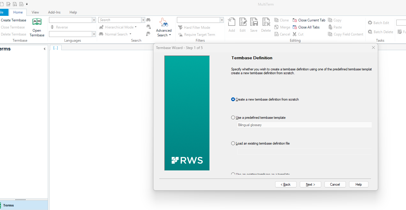 Screenshot of Trados Studio with Termbase Wizard open, showing options to create a new termbase definition, use a predefined template, or load an existing file. The 'Create a new termbase definition from scratch' option is selected.