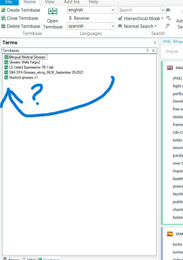 Screenshot of MultiTerm software with a 'Terms' window open, showing a list of termbases. A handwritten question mark indicates confusion about a missing termbase.
