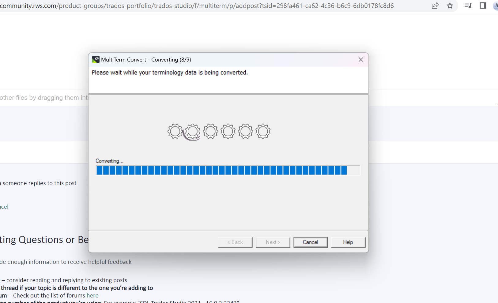MultiTerm Convert dialog box showing the conversion process of terminology data with a progress bar indicating 8 out of 9 tasks completed.