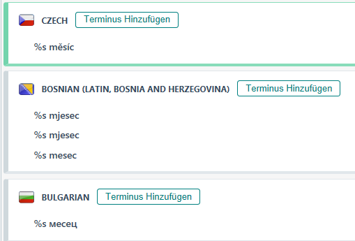 Screenshot showing language entries for Czech, Bosnian (Latin, Bosnia and Herzegovina), and Bulgarian with the term 'Terminus Hinzufugen' and a placeholder '%s mesic' for Czech and three '%s mesec' entries for Bosnian.
