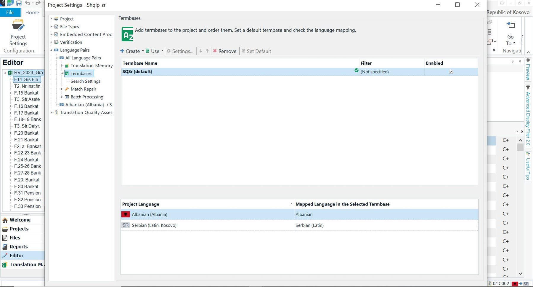 Screenshot of MultiTerm software showing the Project Settings window with TermBases section selected. A term base named 'SQS' (default) is listed with no filter applied and enabled status.