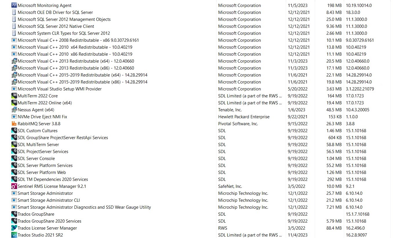 List of installed programs including SDL MultiTerm 2022 Core, SDL MultiTerm Server, and Trados GroupShare 2020 Services with various installation dates and sizes.