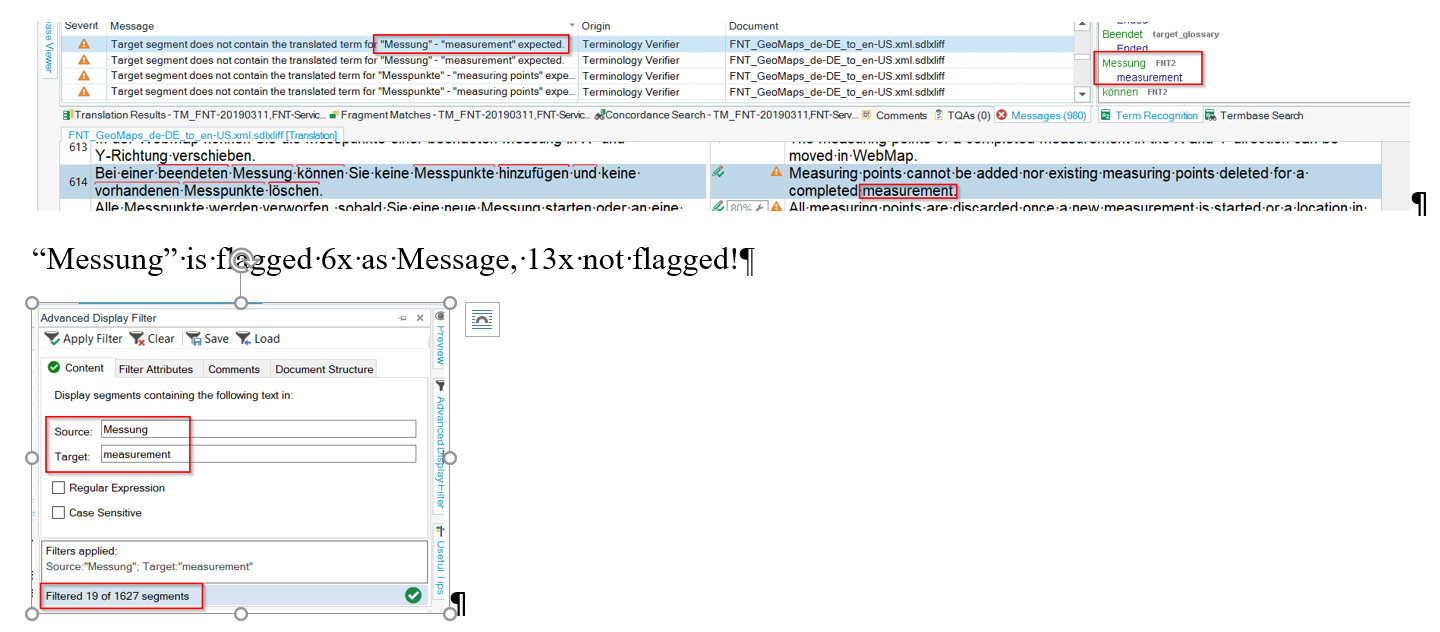 Screenshot of Trados Studio showing multiple error messages in the Terminology Verifier panel, indicating 'Messung' and 'Messpunkte' as incorrect terms.