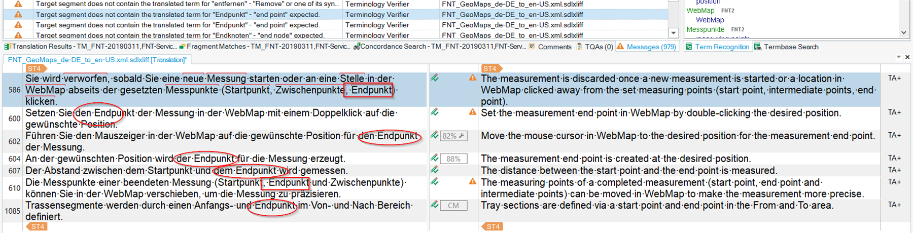 Screenshot of Trados Studio showing a warning for missing translation of the term 'Endpunkt' in the target segment.