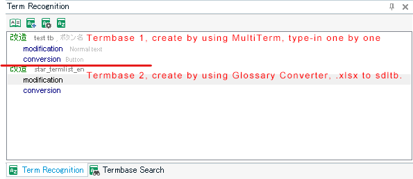 Screenshot of Trados Studio's Term Recognition panel showing two termbases. Termbase 1 has entries with descriptions like 'Normal text' and 'Button'. Termbase 2, created with Glossary Converter, lacks these descriptions.