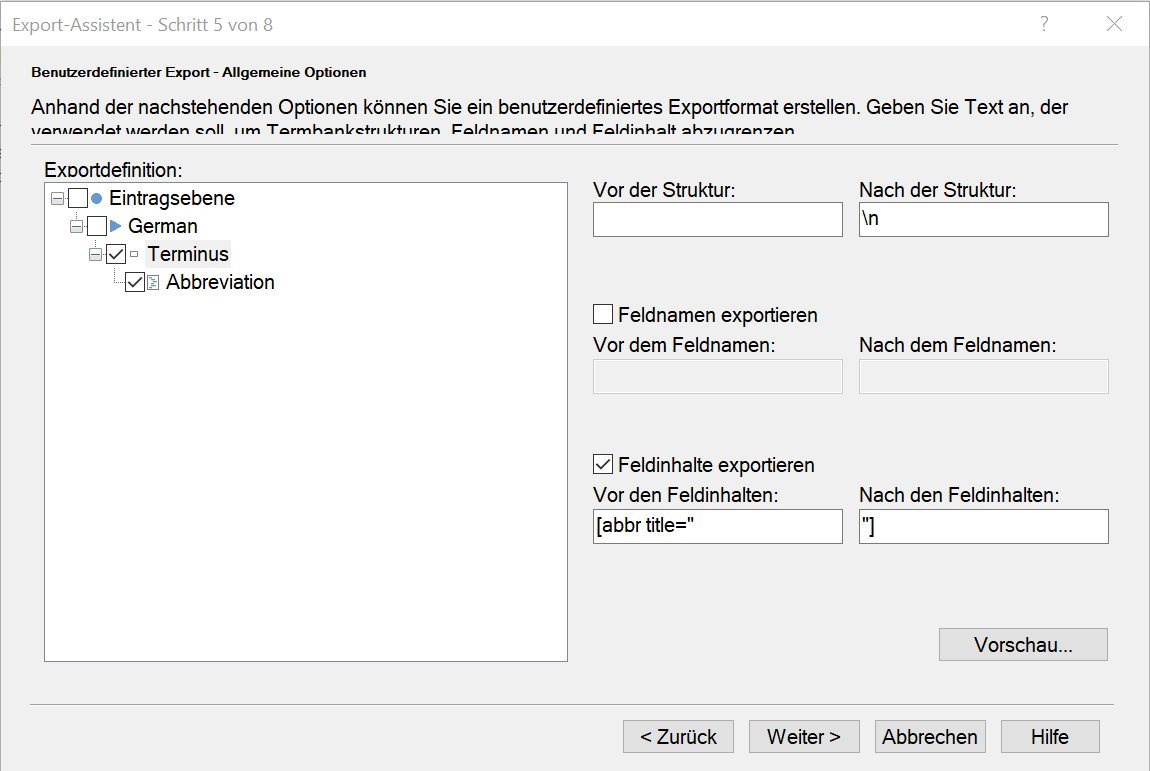 Trados Studio export assistant step 5 of 8 showing user-defined export options with 'Export definition' for German abbreviations and text input for structure before and after the term.