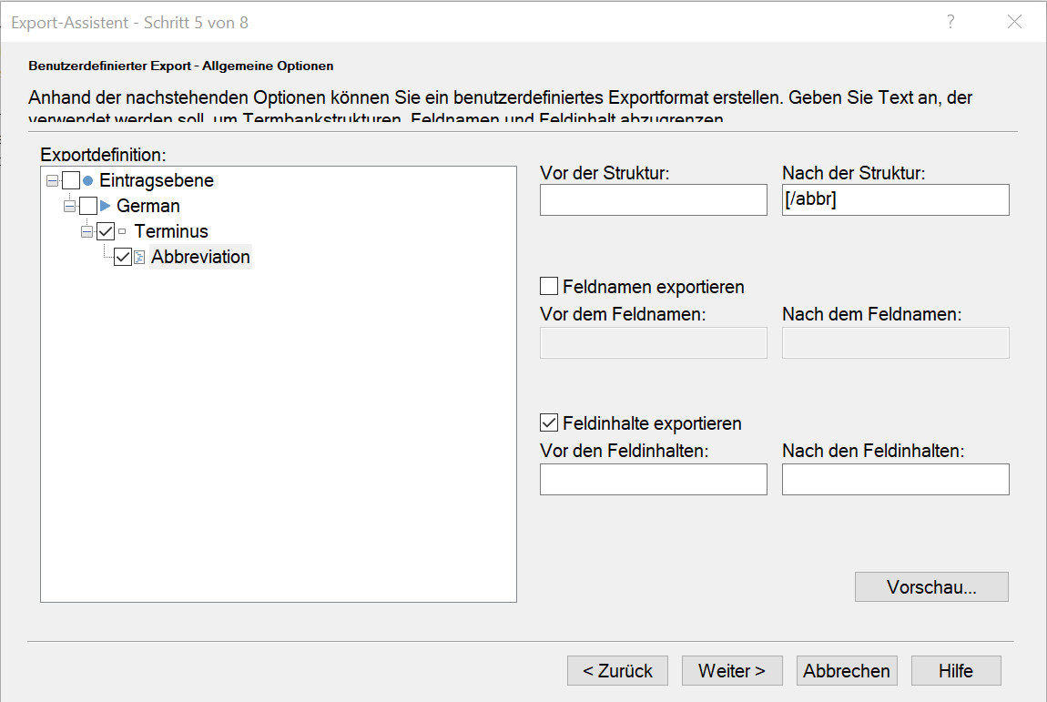 Trados Studio export assistant step 5 of 8 with fields for defining export structure, showing input fields for text before and after term structure for abbreviations.