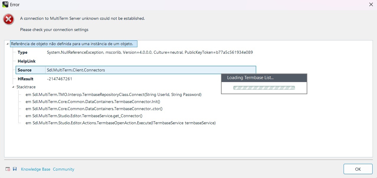 Error message in MultiTerm: 'A connection to MultiTerm Server unknown could not be established. Please check your connection settings.' Includes a red X icon and a stack trace.