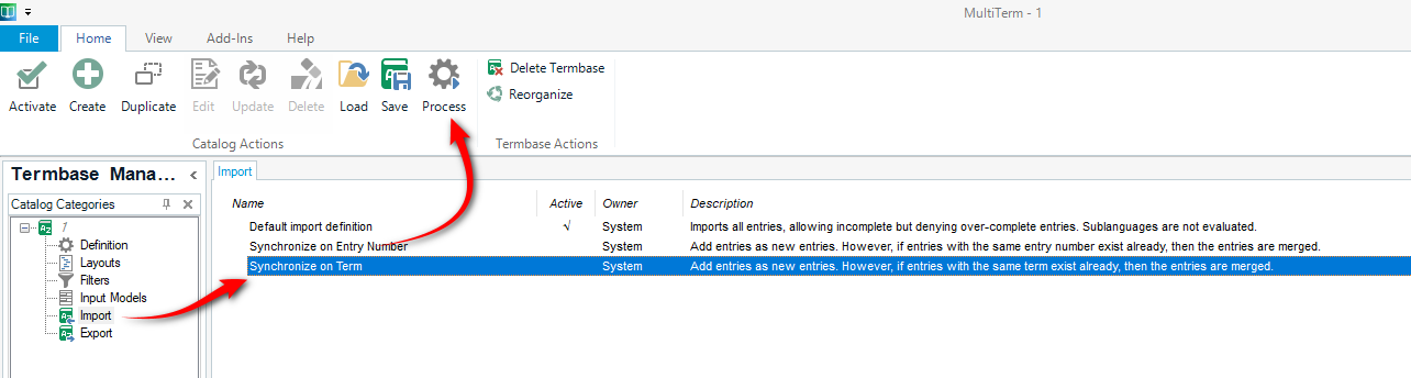 Trados Studio MultiTerm window showing the 'Synchronize on Term' option selected under 'Import' in the 'Termbase Actions' section.