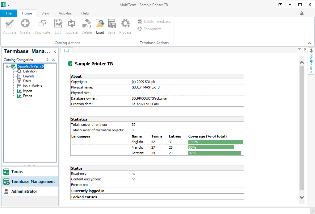 Screenshot of Trados Studio's Termbase Management interface showing Sample Printer TB with statistics on total number of entries and language coverage.