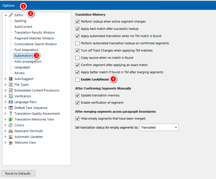 Trados Studio Options dialog box with Editor settings expanded showing Automation section. The LookAhead feature is highlighted with a red circle indicating it should be unchecked.