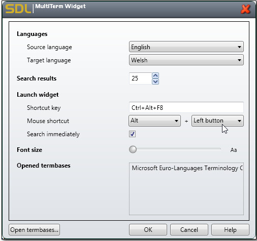 SDL MultiTerm Widget settings window showing options for languages, search results, launch widget shortcut keys, font size, and opened termbases.