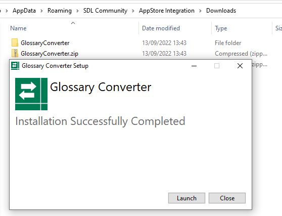 Glossary Converter installation window with the message 'Installation Successfully Completed' and options to 'Launch' or 'Close'.