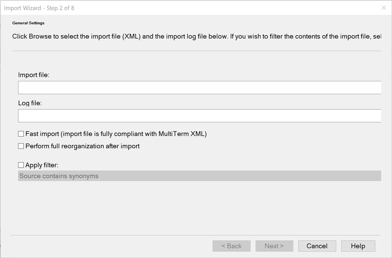 Trados Studio Import Wizard Step 2 of 8 showing options to browse for import file and log file, with checkboxes for fast import, reorganization after import, and applying filter.