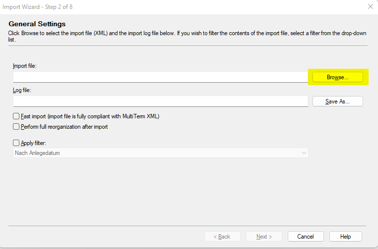 Trados Studio Import Wizard window showing General Settings with a visible Browse button for selecting the import file.