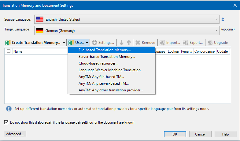 Trados Studio Translation Memory and Document Settings dialog box with options to create, use, and manage translation memories. The 'File-based Translation Memory' option is highlighted.