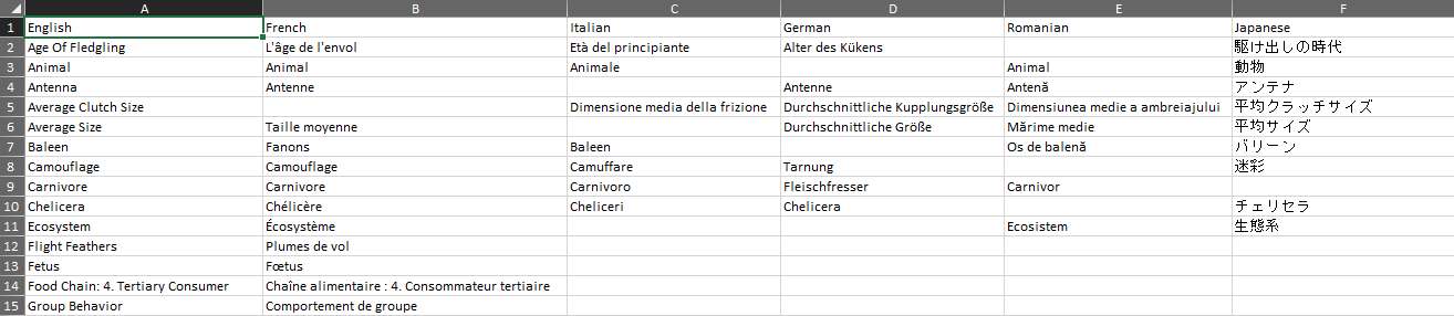 Screenshot of an Excel glossary with columns for English, French, Italian, German, Romanian, and Japanese terms.