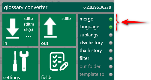 Screenshot of Trados Studio Glossary Converter interface highlighting the 'merge' feature with other options listed.