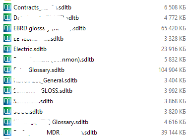 Screenshot of Trados Studio showing a list of domain-specific .sdltb files with file sizes.