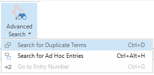 Dropdown menu for Advanced Search in Trados Studio with options to search for duplicate terms, ad hoc entries, and go to entry number.