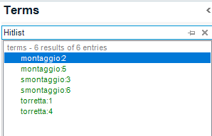 Hitlist in Trados Studio showing 6 results of term entries with their entry ID, including 'montaggio2' and 'torretta:4'.