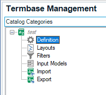 Screenshot of Trados Studio's Termbase Management window showing a termbase called 'test' with 'Definition' selected.