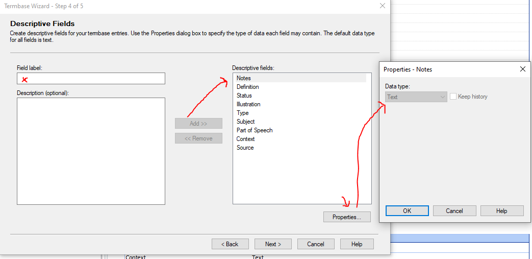 Screenshot of Trados Studio's Termbase Wizard, Step 4 of 5, showing the process of adding a 'Notes' label to the descriptive fields of a termbase.