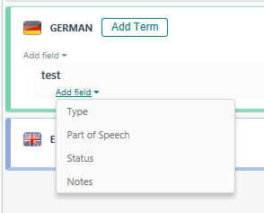 Trados Studio dropdown menu visible with 'test' entered and options for 'Type', 'Part of Speech', 'Status', and 'Notes'.