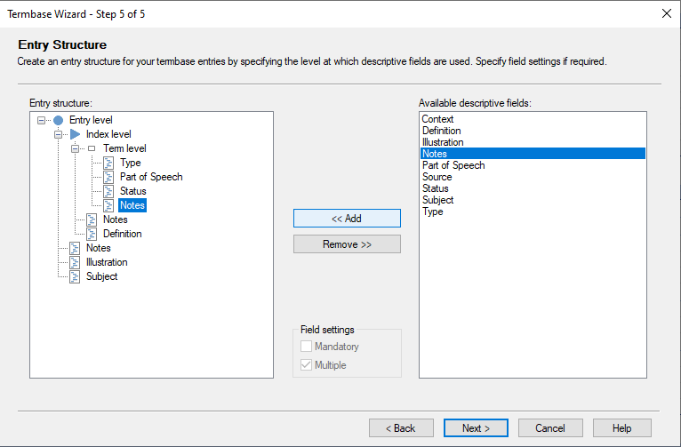 Screenshot of Trados Studio Termbase Wizard - Step 5 of 5, showing Entry Structure with Term level expanded to show fields like Type and Notes, and a list of Available descriptive fields including Context and Definition.