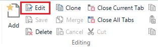 Screenshot of Trados Studio ribbon with the 'Edit' button highlighted within the 'Editing' section.