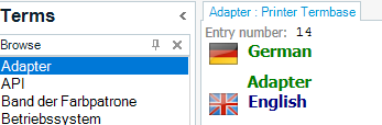 Trados Studio screenshot showing the 'Terms' section with 'Adapter' highlighted and its corresponding German and English translations displayed.