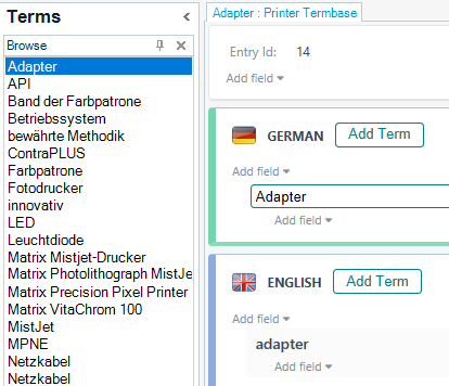 Trados Studio interface displaying the 'Terms' section with 'Adapter' selected, showing options to add terms in German and English.