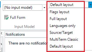 Trados Studio screenshot highlighting the 'Default layout' option selected on the right-hand side of the ribbon.