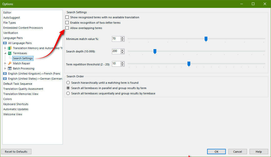 Trados Studio options menu with a red arrow pointing to the 'Allow overlapping terms' checkbox under 'Search Settings' in the 'Termbases' section, indicating it is not checked.