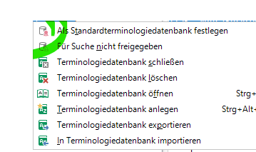 Trados Studio Multiterm options menu with 'Set as default terminology database' highlighted for the first database and 'Not released for search' indicated for another.