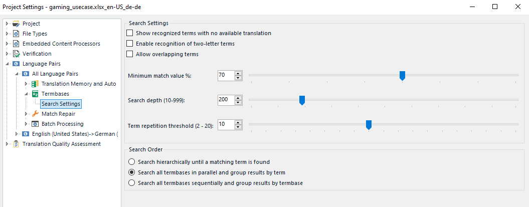 Trados Studio project settings window showing Search Settings for termbases with options like 'Enable recognition of two-letter terms' checked and sliders for 'Minimum match value %' and 'Search depth' adjusted to 70 and 200 respectively.