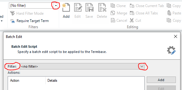 Trados Studio screenshot of the Batch Edit window with a red warning icon indicating no filter selected for the batch edit script.