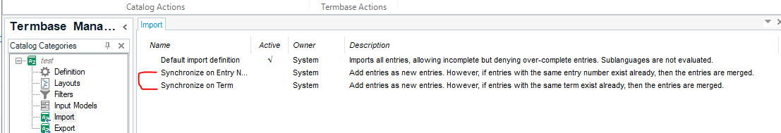 Screenshot of Trados Studio Termbase Management window showing a red error icon next to 'Synchronize on Entry Number' import rule.