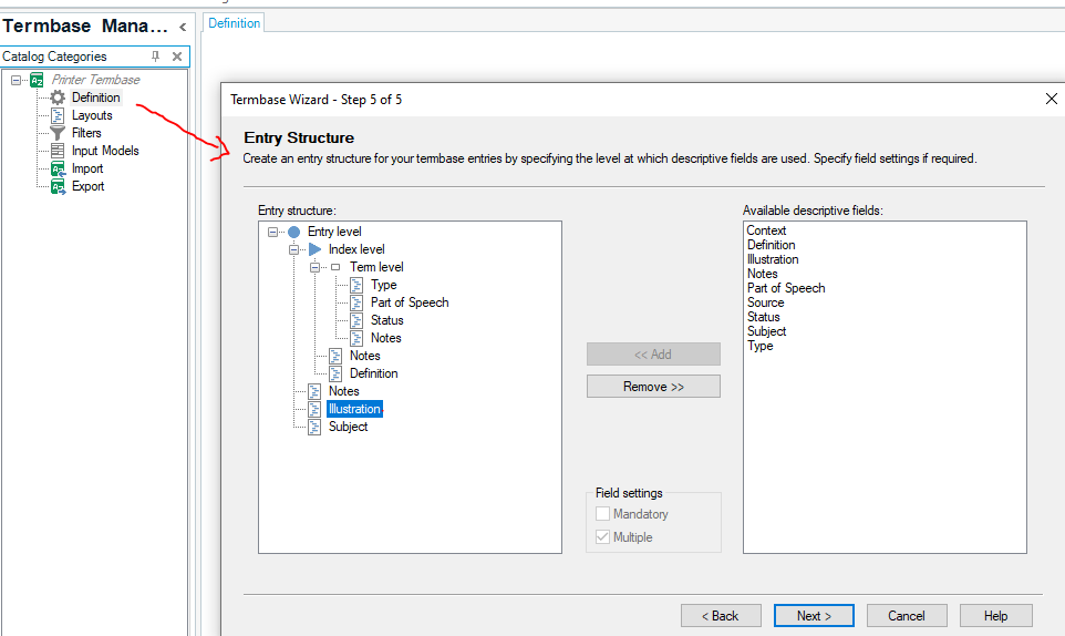 Screenshot of Trados Studio Termbase Management showing the Termbase Wizard Step 5 of 5 with Entry Structure configuration. A red arrow points to the 'Printer Termbase' in the Catalog Categories.