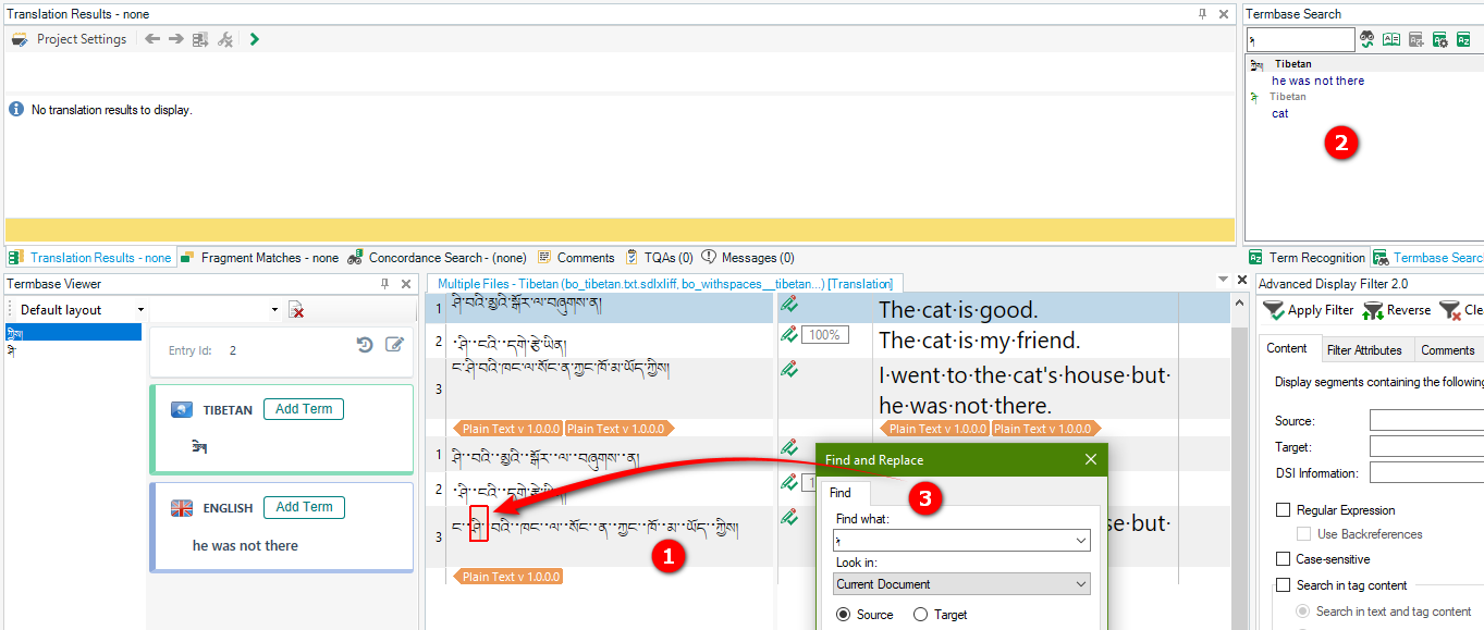 Screenshot of Trados Studio showing no translation results for Tibetan text with a red arrow pointing to the term recognition failure.