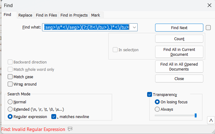 Trados Studio Find dialog box with an error message 'Find: Invalid Regular Expression' displayed at the bottom.